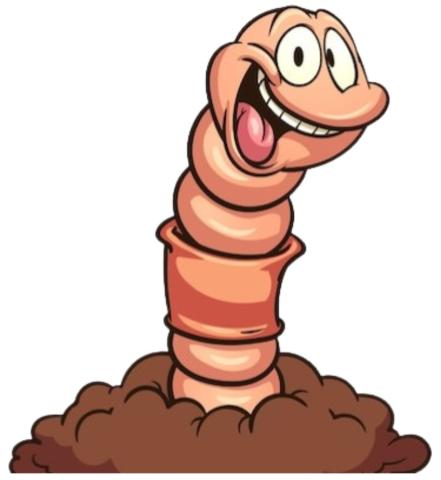 Pink cartoon worm smiling coming out of brown ground. 
