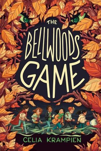 Book cover that has fall leaves in orange and yellow. 6 children running along the bottom. The Bellwoods Game and Celia Krampien are written on the cover. 