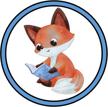Brown and white fox reading a blue book outlined with a blue circle and white background.