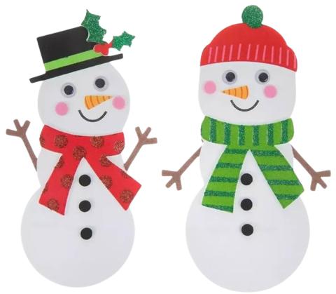 Two foam snowmen, one with a black hat and green ribbon with holly. He is wearing a red scarf with glitter red polka dots. The second snowman has a red hat with a green pom-pom and a green scarf with green glitter stripes.