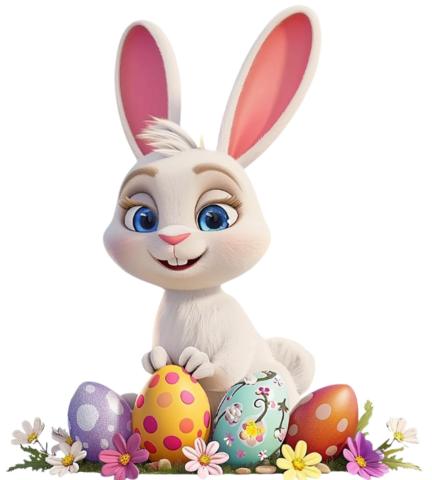White Easter bunny with blue eyes sitting by 4 colorful Easter eggs and daisies in white, pink, yellow and purple. 