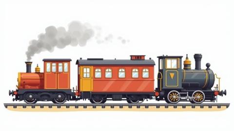 Three train cars on a track. A brown engine with smoke coming out of it's stack pulling a brown train car and then a black engine at the end. 