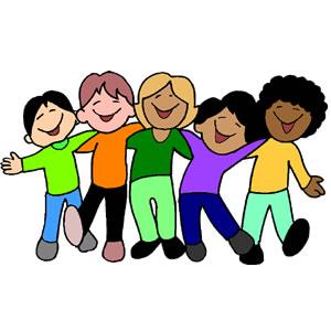 group of smiling kids walking with arms around shoulders of person next to them