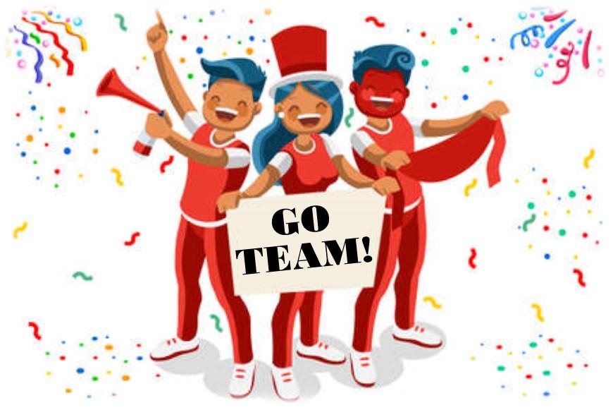 Three blue haired kids in red outfits holding a sign reading, Go Team!, surrounded by confetti. 