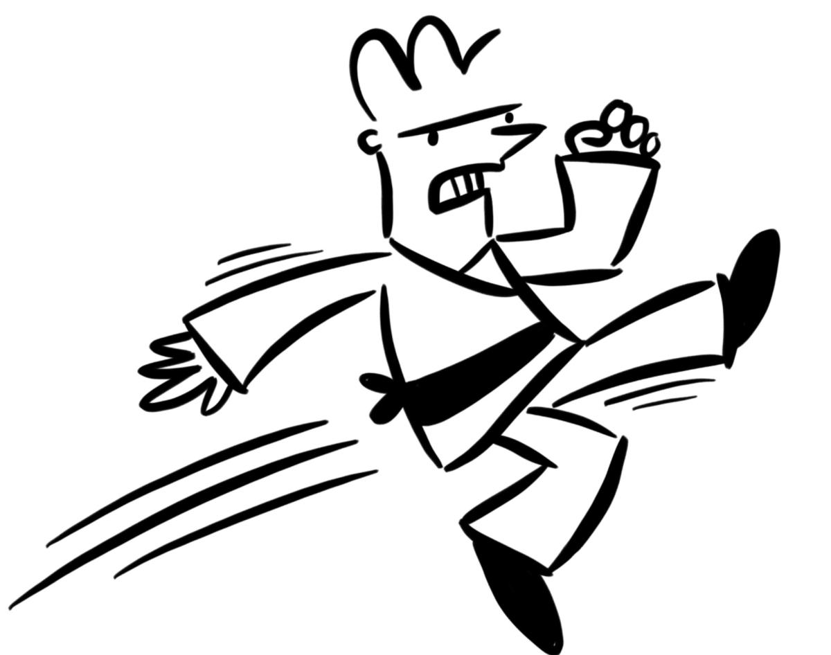 Drawing of a male in a karate suit who is jumping and kicking. 