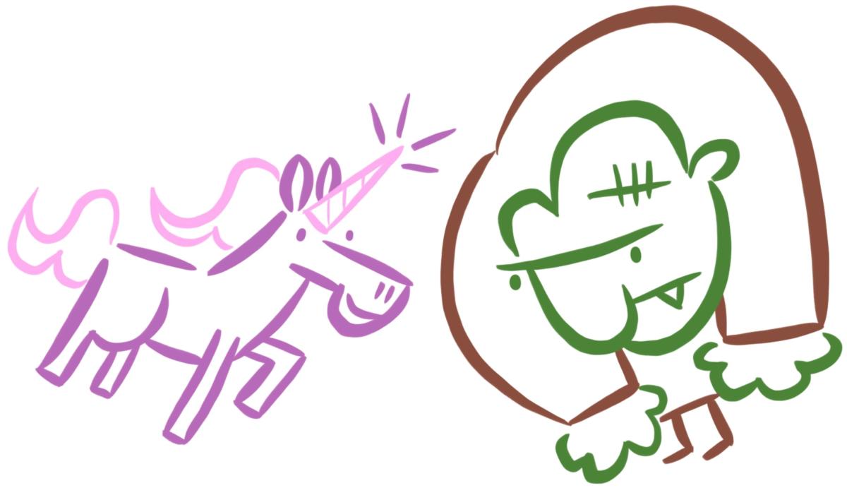 Drawing of a purple unicorn charging a Frankenstein monster outlined in brown and green. 
