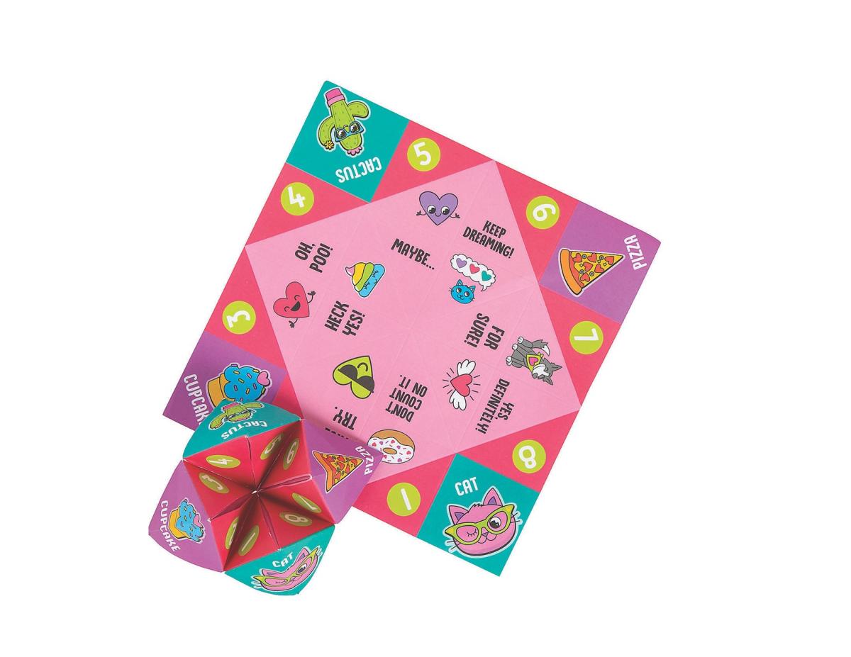 pink, purple, green, and yellow design and characters on a DIY fortune telling sheet