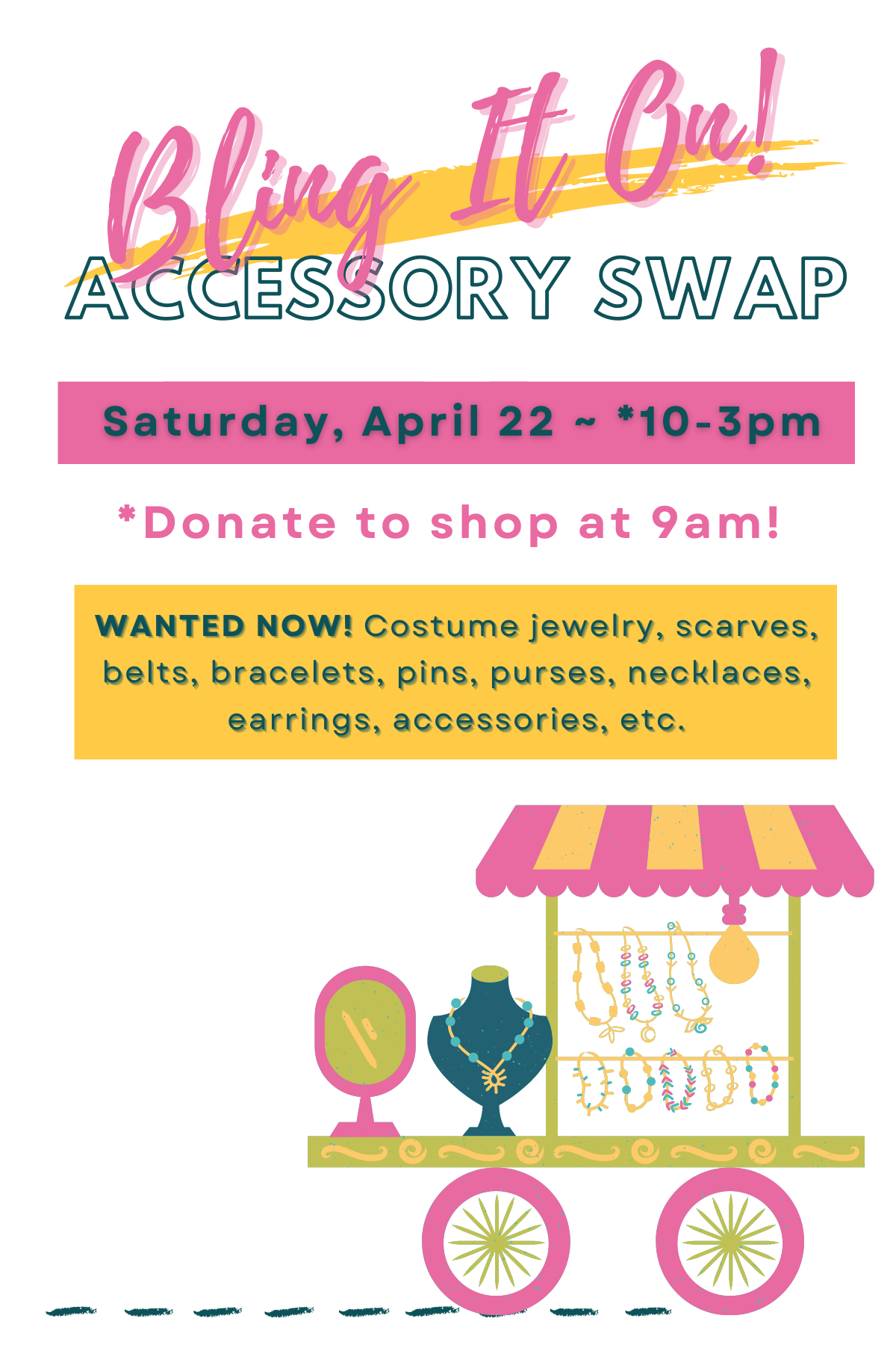 Pink and yellow cart with necklaces and other jewelry displayed on it. 