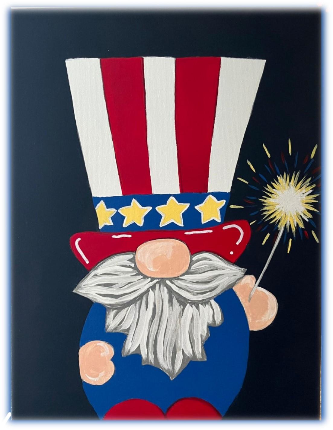 Gnome dressed in red, white and blue holding a sparkler.