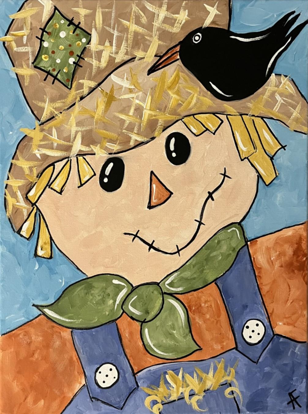 Cartoon like scarecrow painted on canvas. 