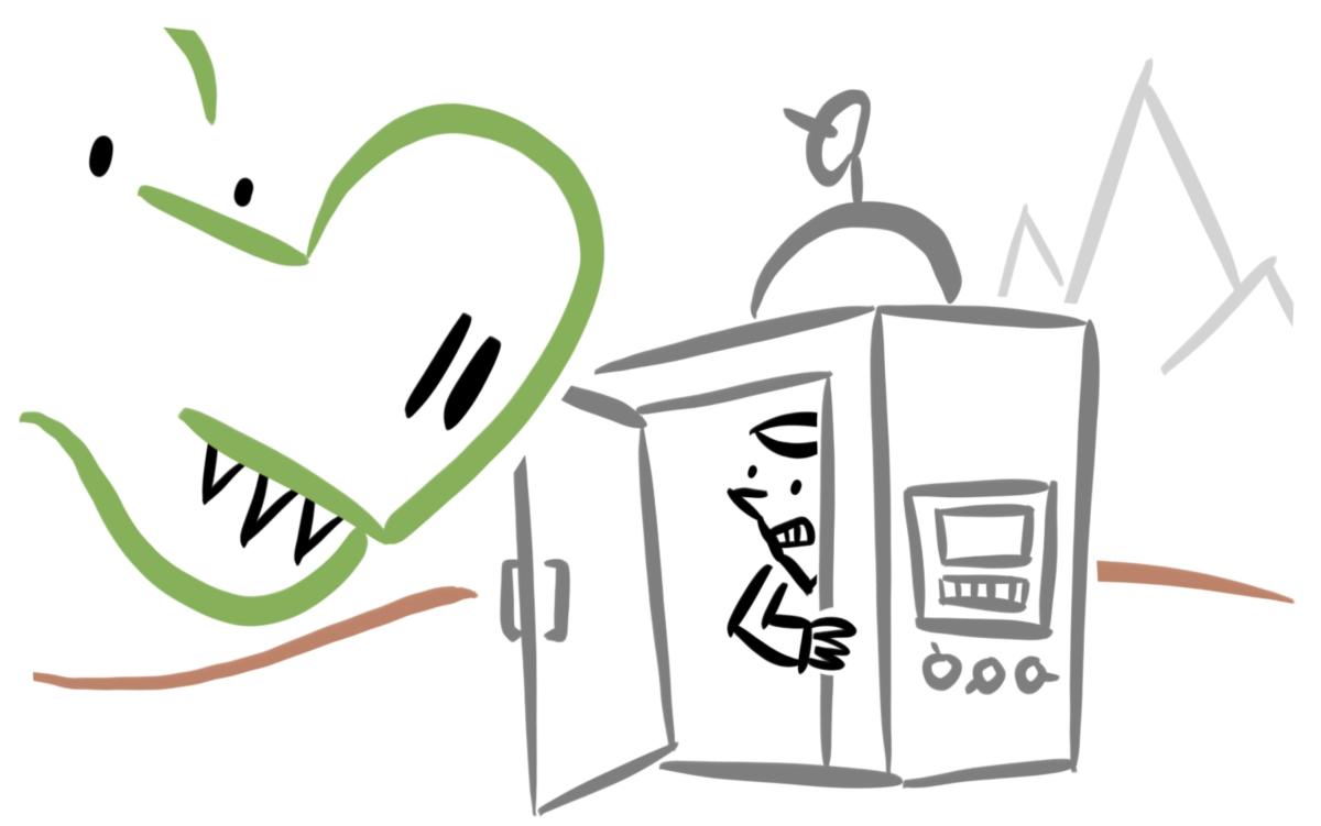 Cartoon line drawing with a dino head near a time machine with a man peeking out. 