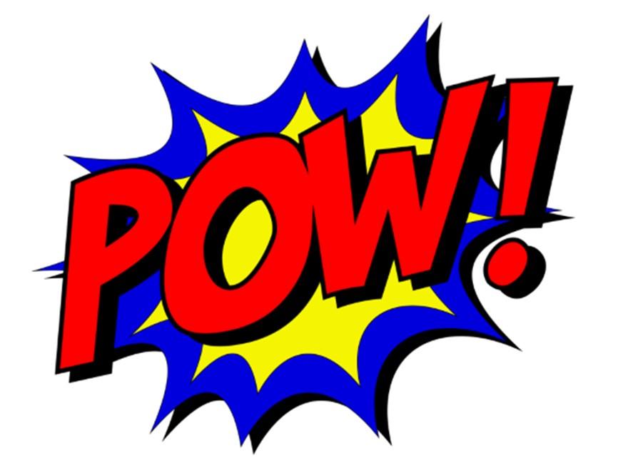 The work POW written in red letters surrounded by an explosion of yellow and blue graphics. 