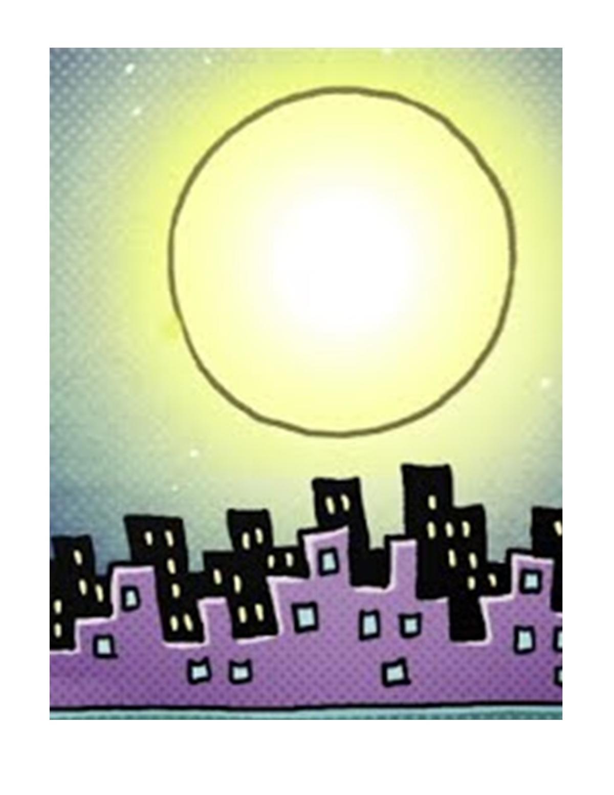 purple and black cityscape with glowing full moon in background