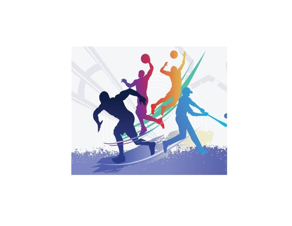 5 young men playing various sports