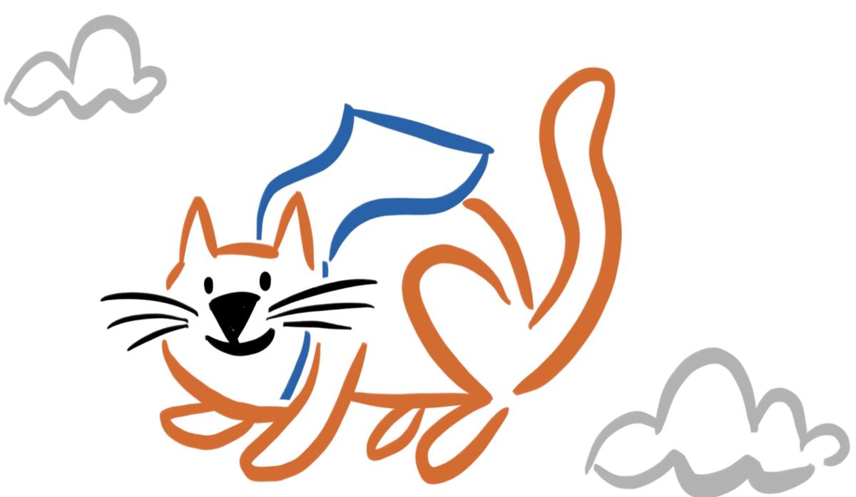 Orange cat with blue cape in sky with two clouds. 