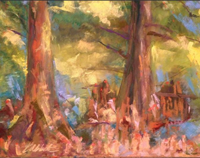 Painting of trees made with pastels. 