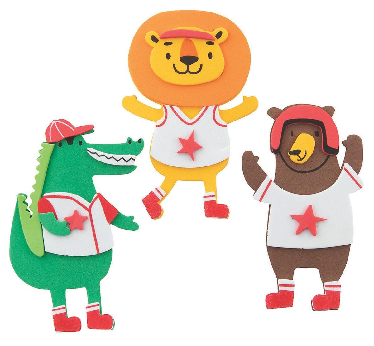 Foam Alligator, Lion and Bear in sporty gear.