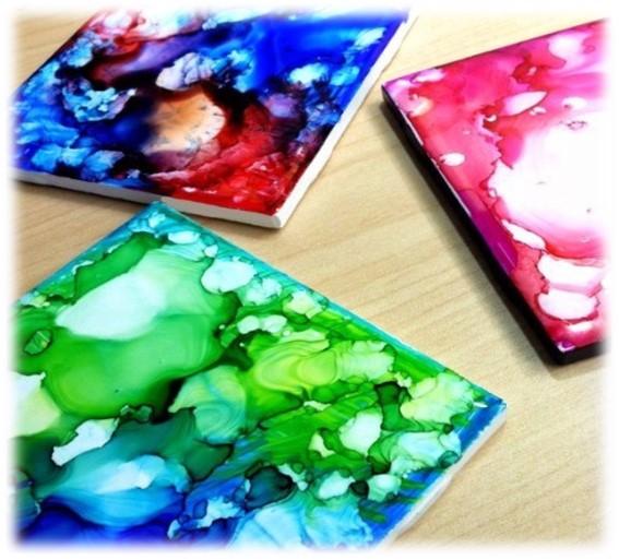 Ceramic coasters in green, blue, pink, red tie-dye