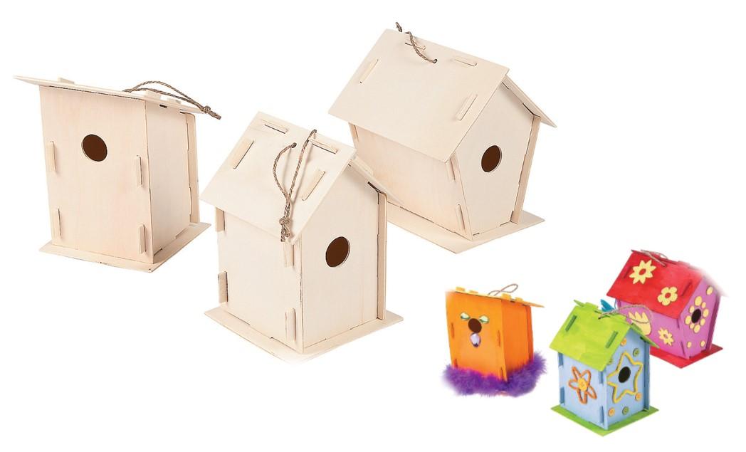 Three wooden unpainted birdhouses and three painted birdhouses.