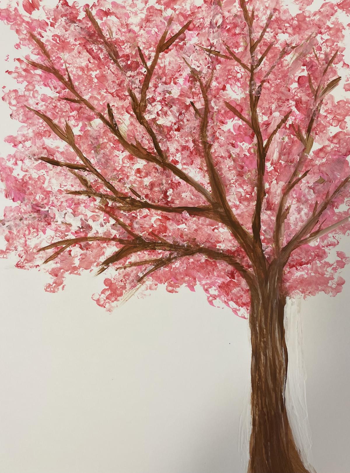 Painting of a pink cherry blossom tree.