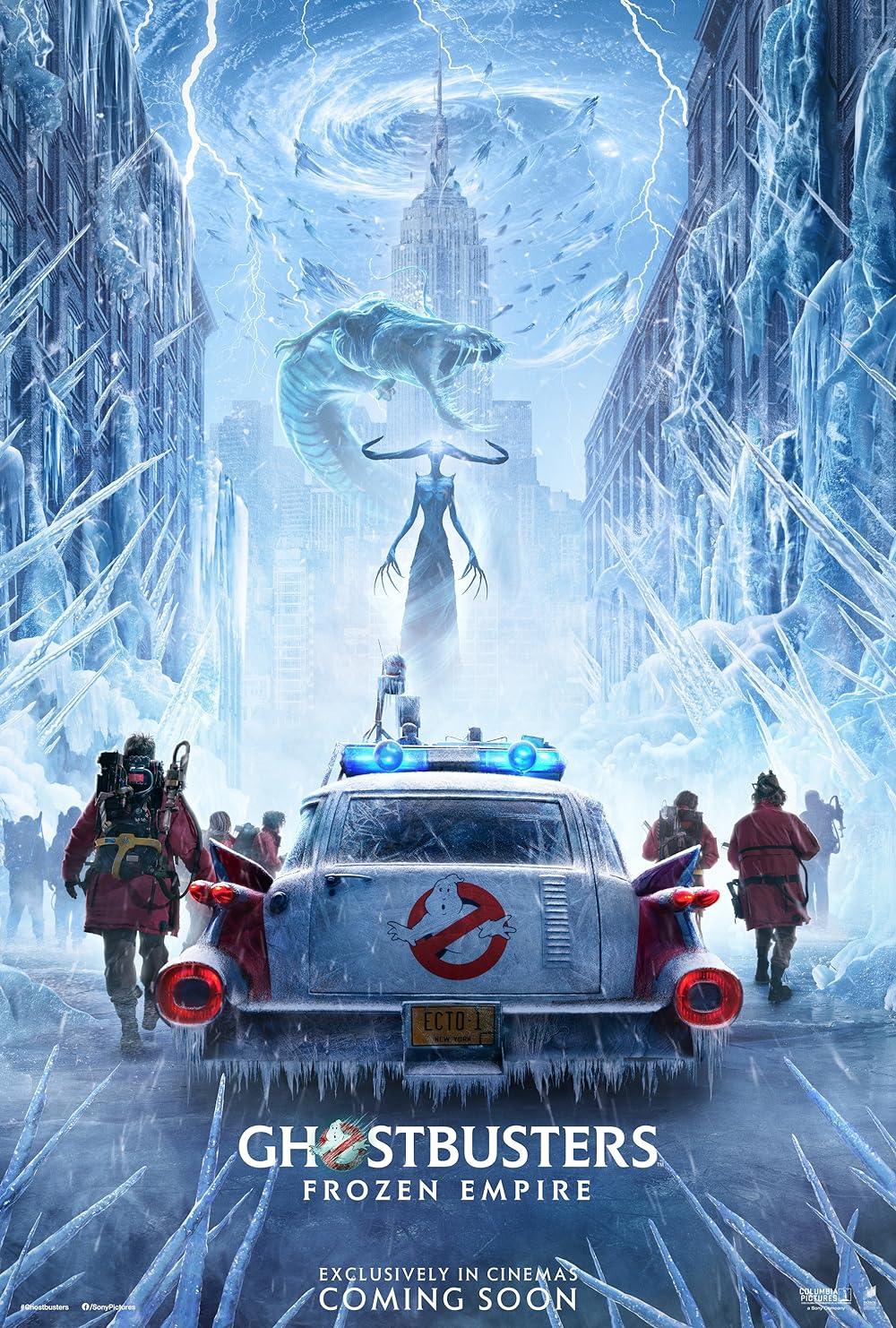 A monster breathing ice onto a city street where a car and people stand.
