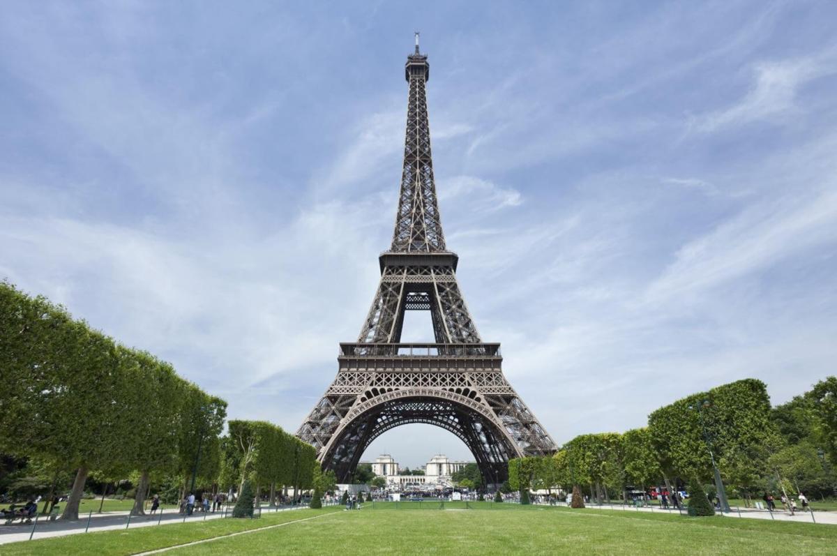 Eiffel tower with blue sky and tall green hedges. 