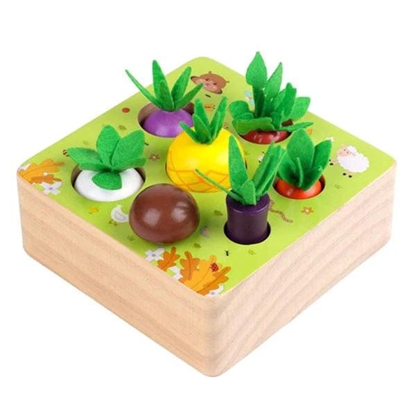 Wooden box with colorful removable vegetables growing out of box. 