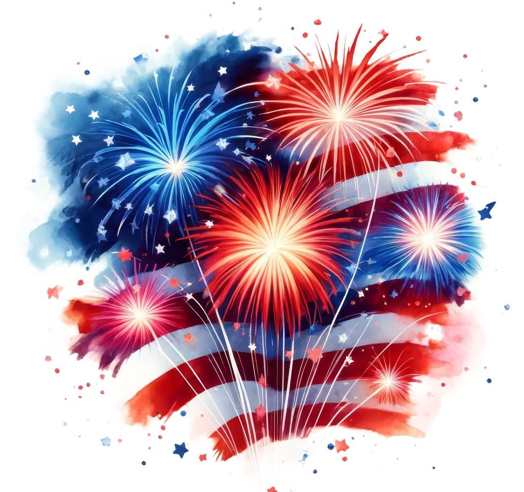 Red and blue fireworks with American flag in background. 