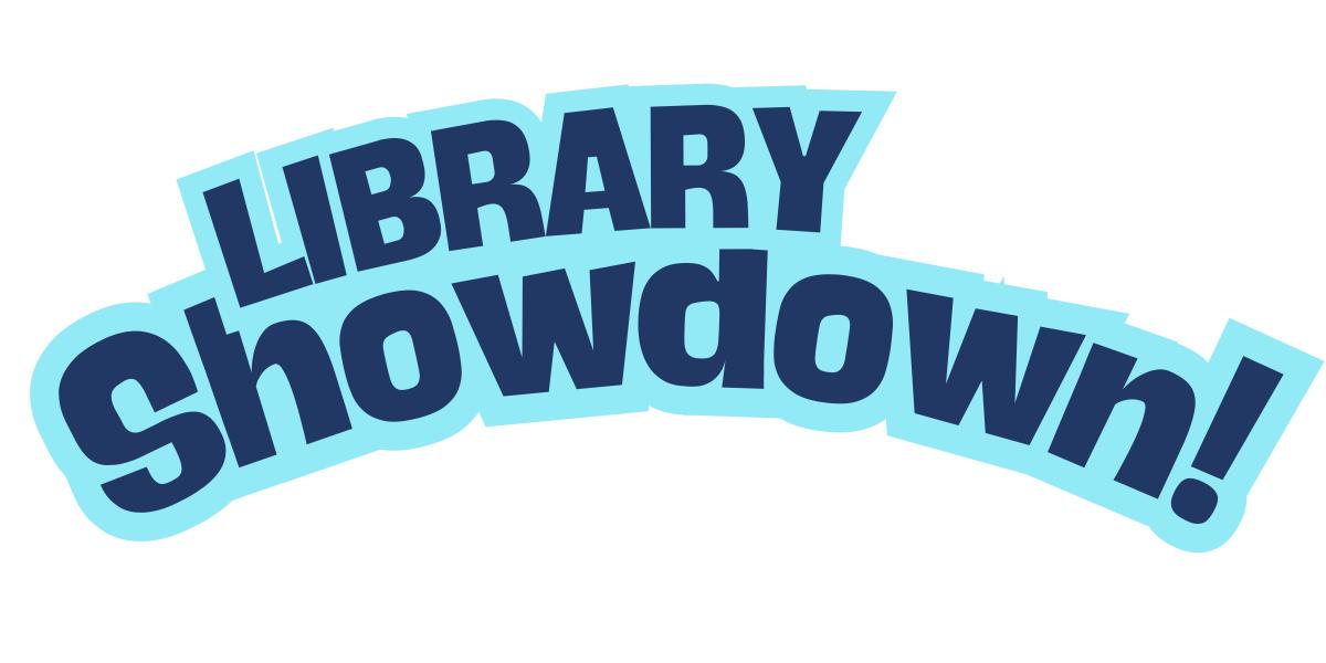 Dark blue words "Library Showdown" surrounded by light blue. 