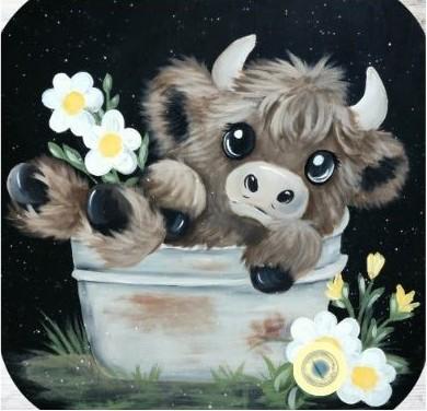 Painting of a mini highland cow in a bathtub. 