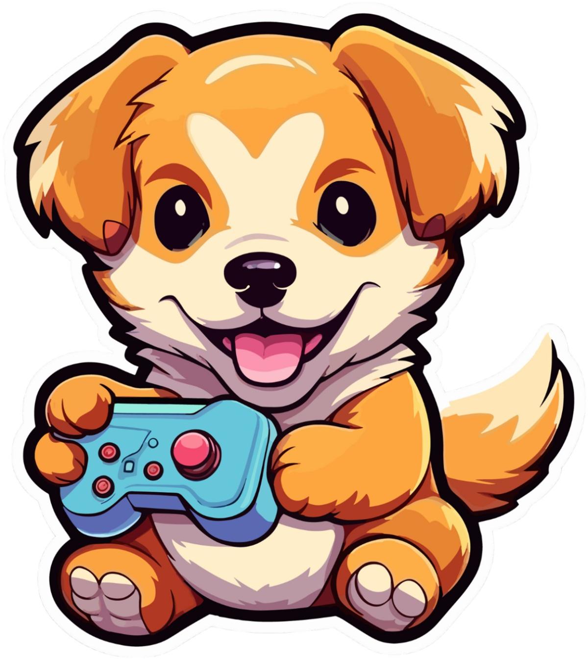 Light brown puppy dog sitting up and holding a light blue game controller.