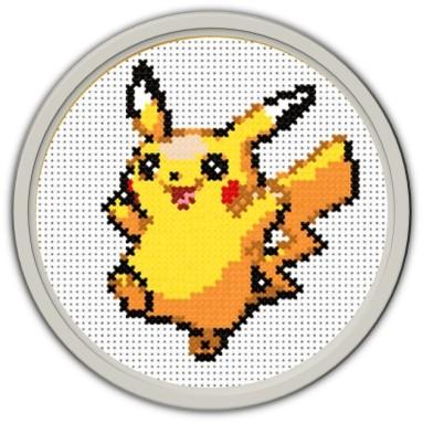 Yellow Pikachu running in a circle cross-stitch frame. 