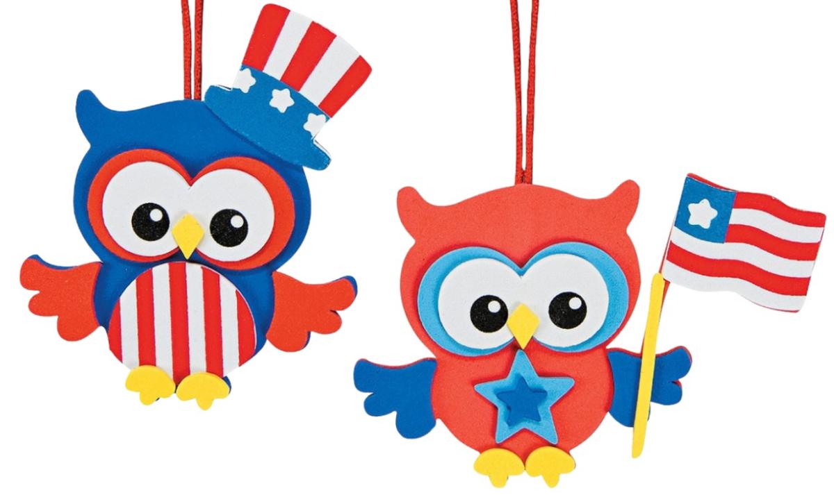 Two owl patriotic ornaments one with a hat and one with a flag in red, white and blue. 