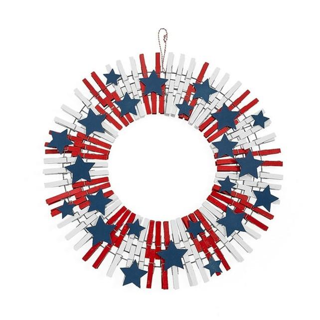 Red and white clothespin wreath with blue stars. 