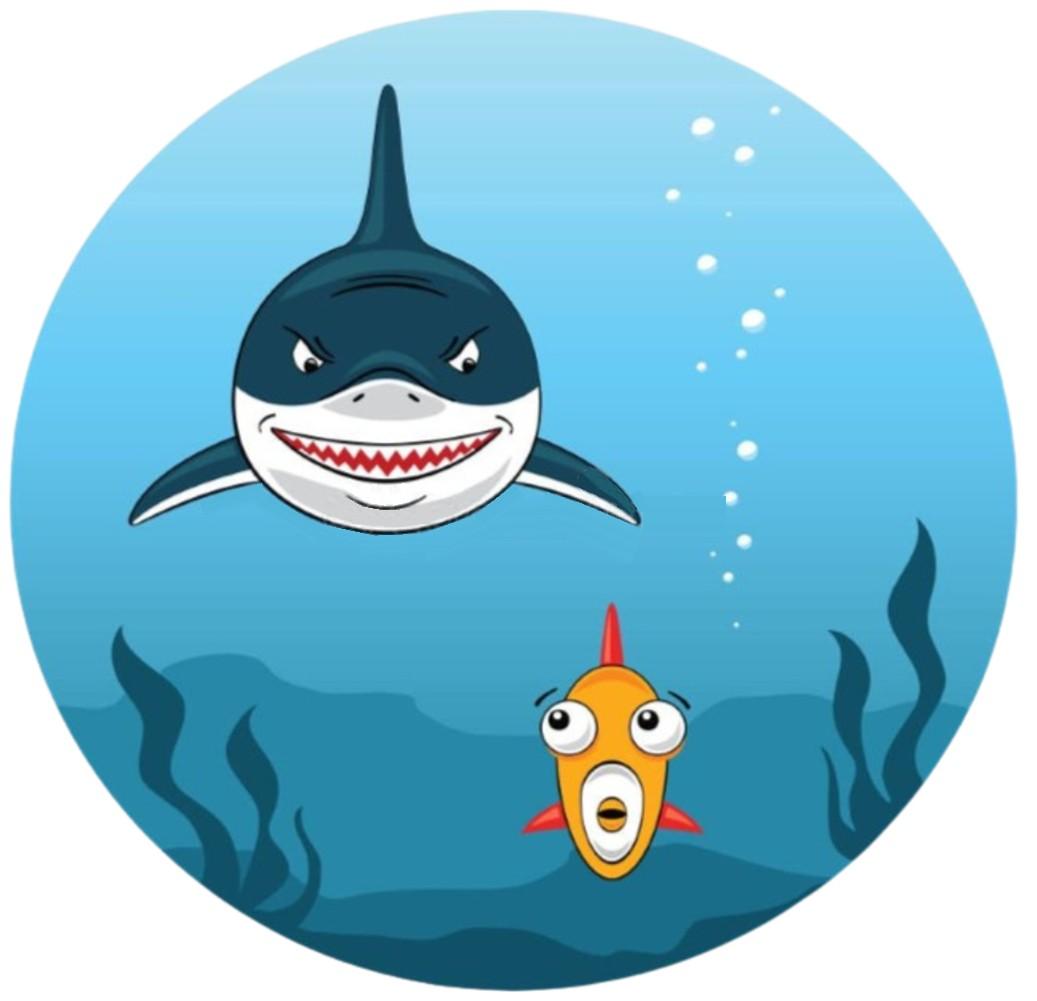 Black and white shark with giant smile swimming above a goldfish with a worried look. 