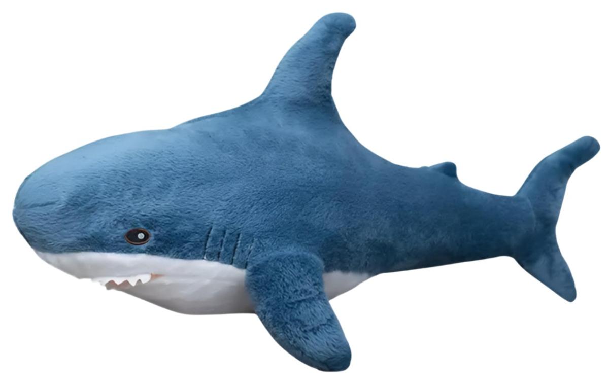 Large gray and white stuffed shark. 
