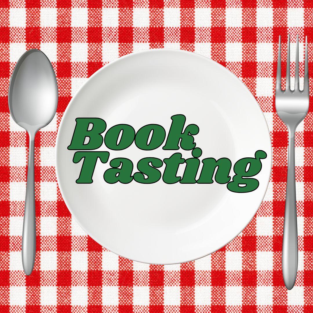 IMAGE OF A PLATE, SPOON, AND FORK OVER A PICNIC TABLE CLOTH. TEXT READS BOOK TASTING