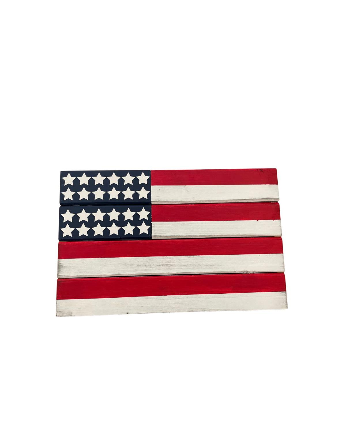 An American flag made out of wood. 