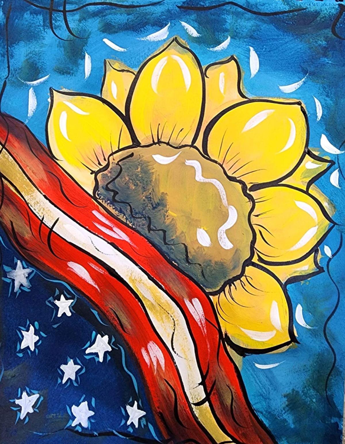 Painting of a sunflower and American flag.