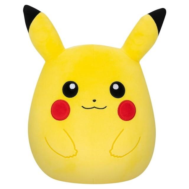 Yellow Pikachu Squishmallow with red circles on his cheeks and black tipped ears. 