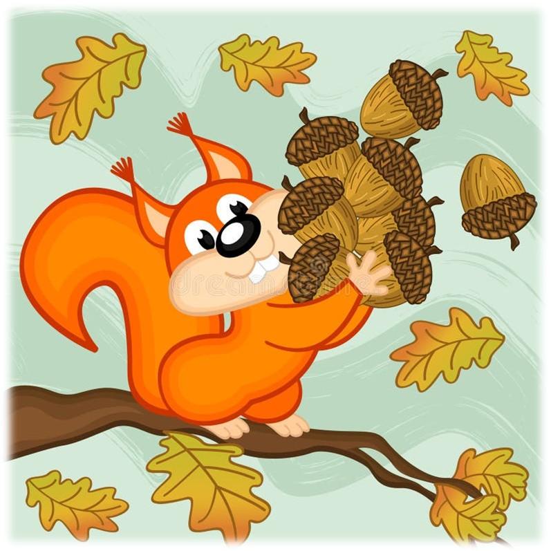 Squirrel sitting on a tree branch holding 8 acorns. 8 leaves falling from blue sky. 