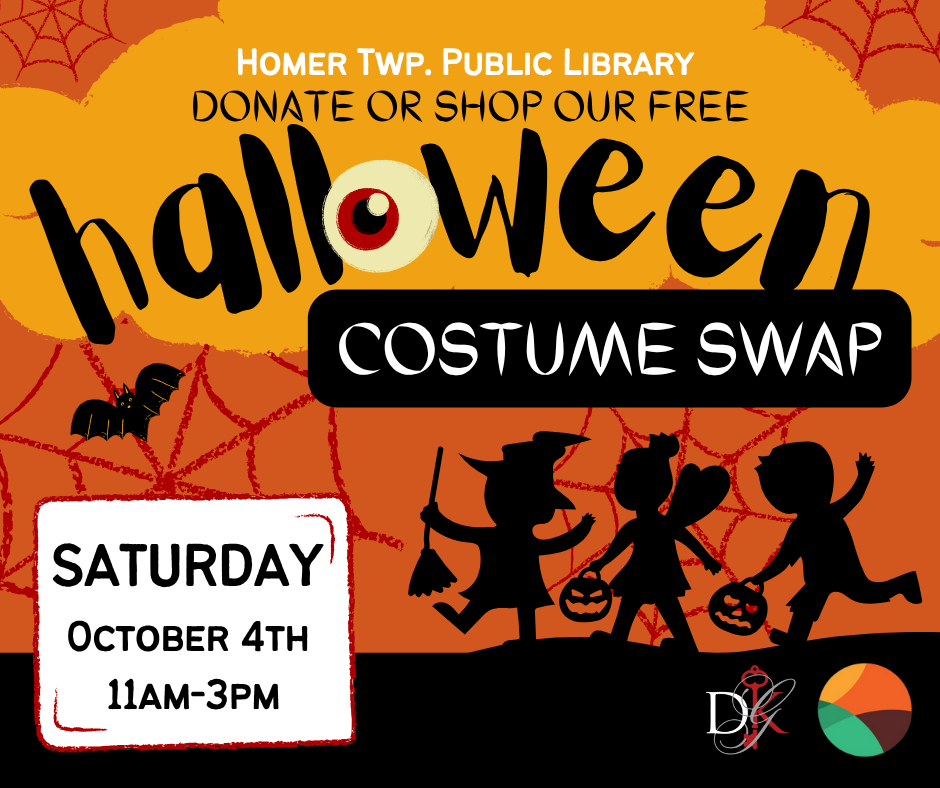 Illustration of children in Halloween costumes running. 