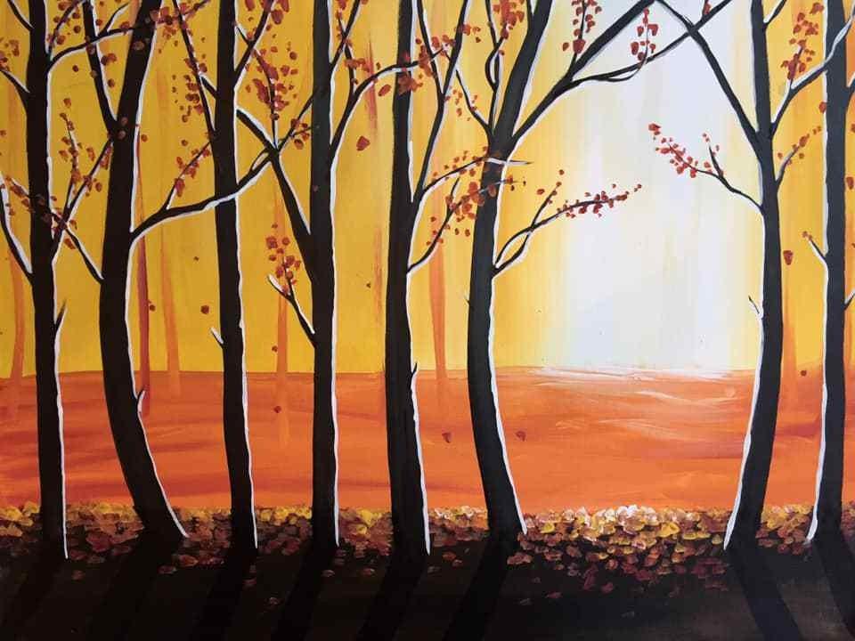 Painting of a forest and a sunset.