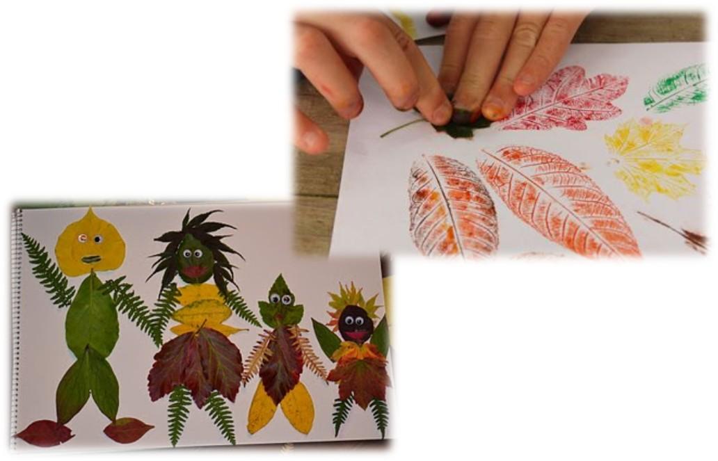 Leaf printing on note cards and people crafted from leaves