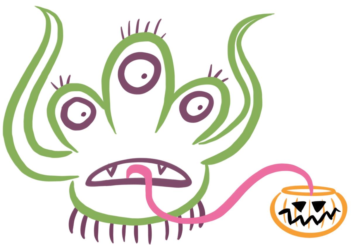 Green monster with 3 purple eyes and a long pink tongue going into a pumpkin bucket.