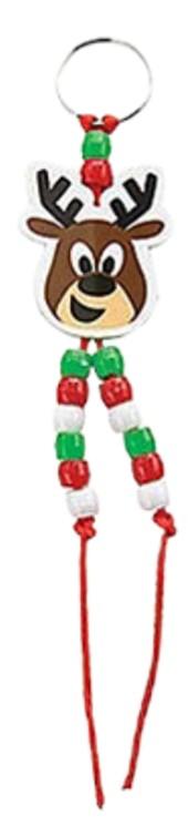 Reindeer key chain with red, green, and white beads that resemble legs with a Reindeer head. 