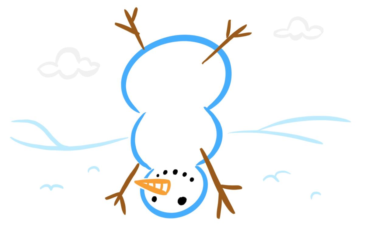 Snowman standing on his hands upside down in the snow. 