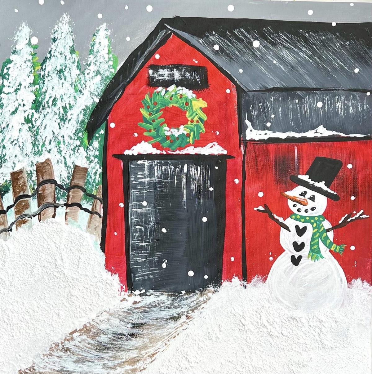 Painting of a red barn and a snowman.