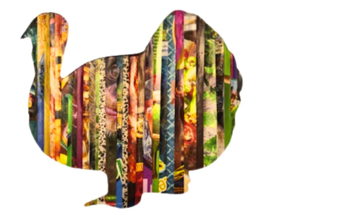 Silhouette of a turkey filled with colorful magazine strips.