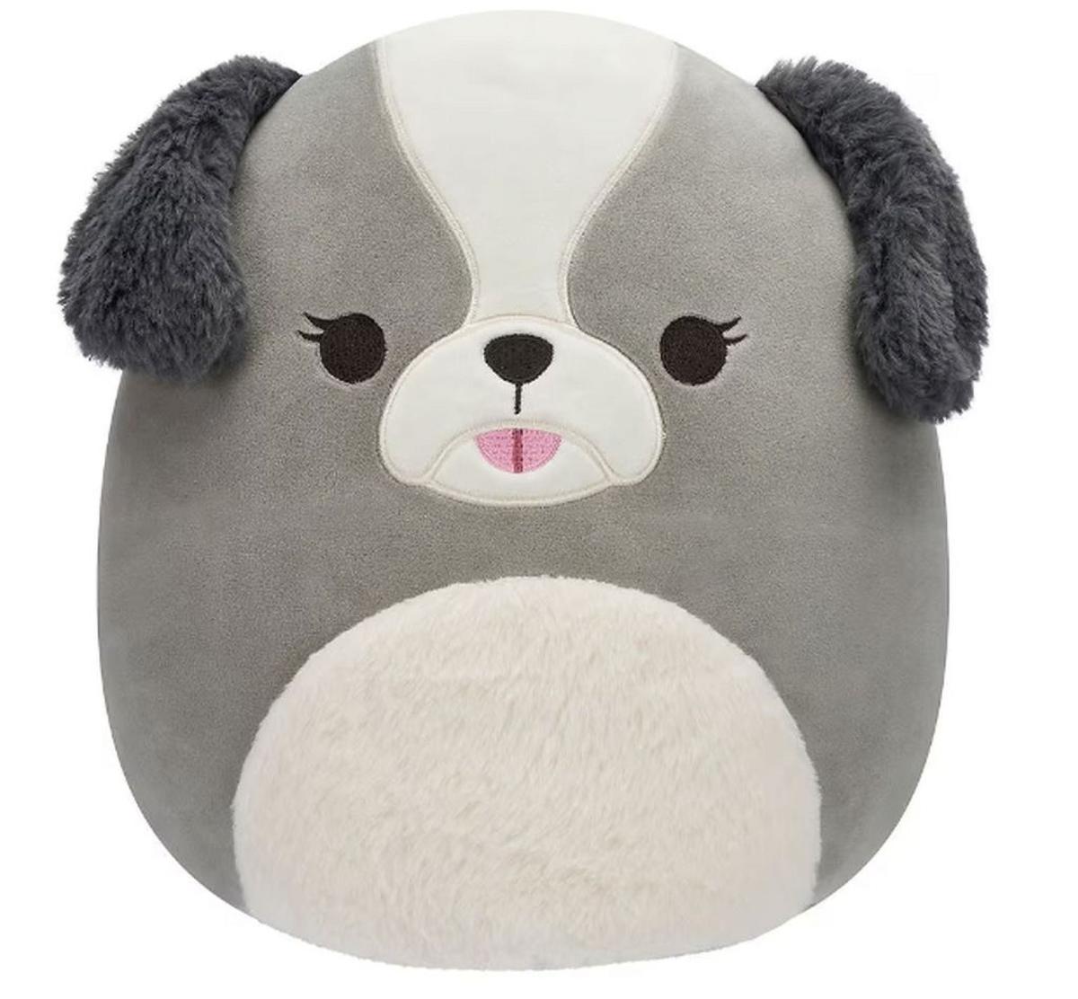 Giant Squishmallow named Malu. Light gray and white with dark gray ears.